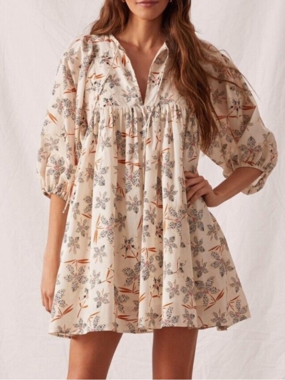 Anthropologie Caballero Floral Breezy Mini Tunic Dress Cotton Puff Sleeve Small